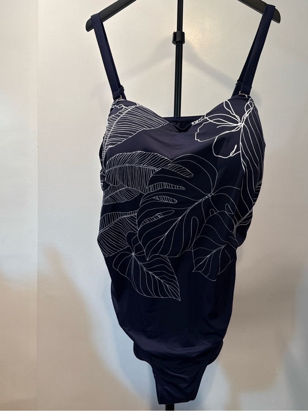 Susan Graver Navy One-Piece Swimsuit with White Tropical Leaf Print plus size30w